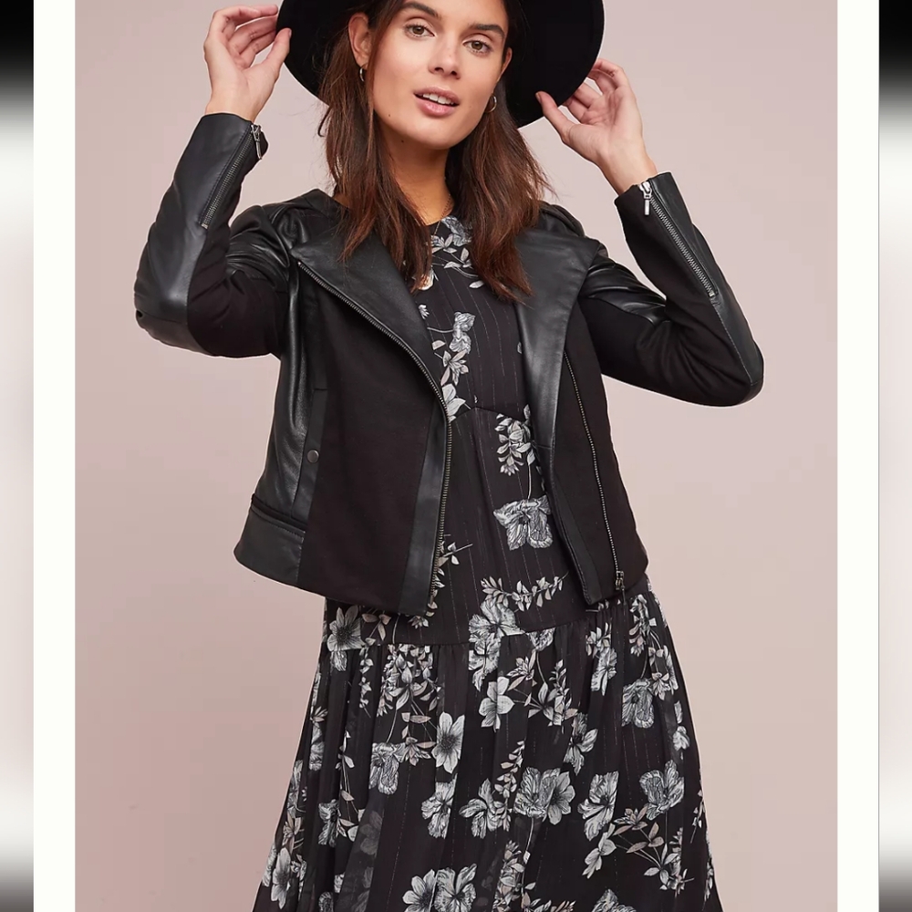 Anthropologie Diane Black Leather Cropped Moto Motorcycle Biker Jacket Size 8